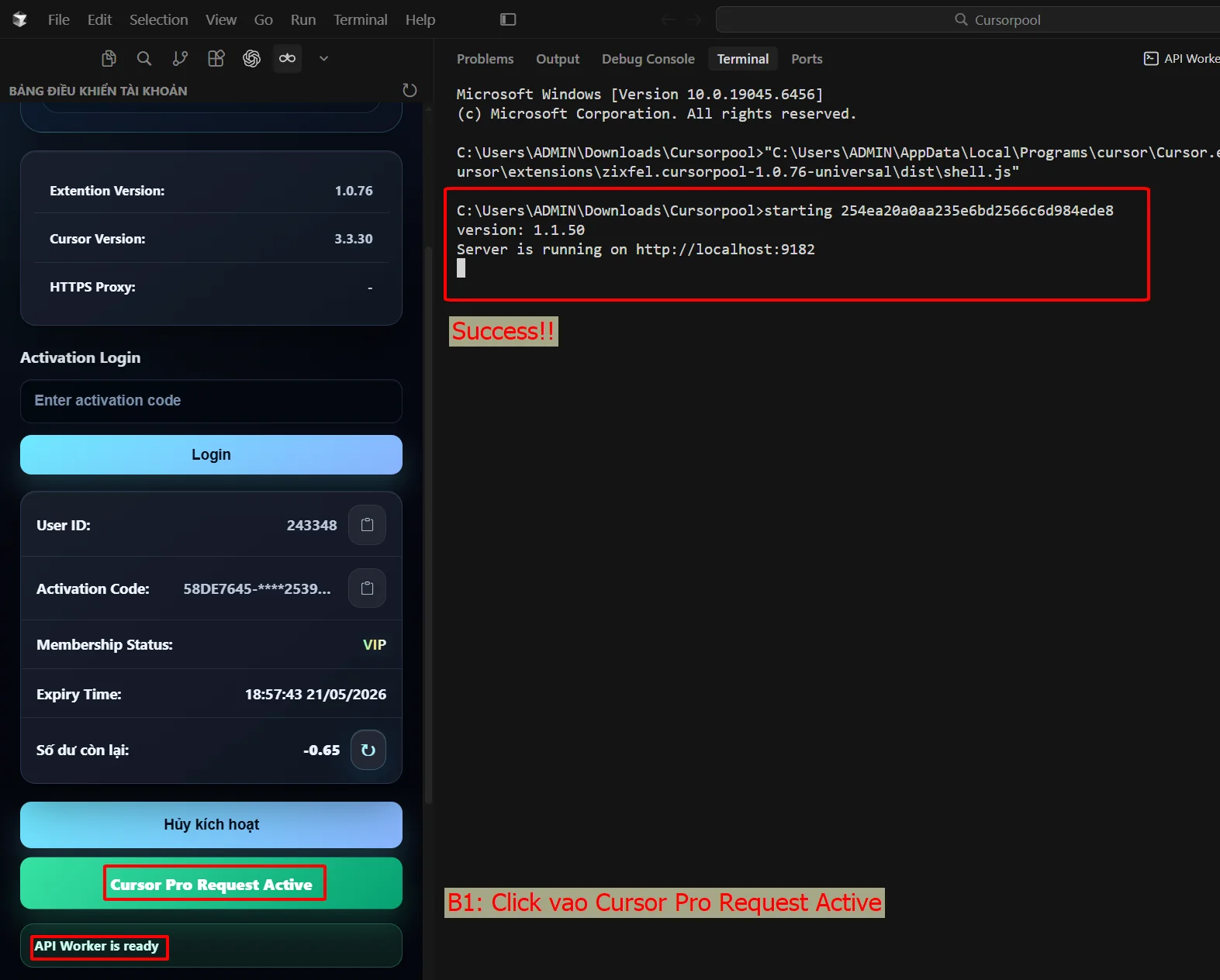 Click Cursor Pro Request để kiểm tra thông báo kích hoạt thành công